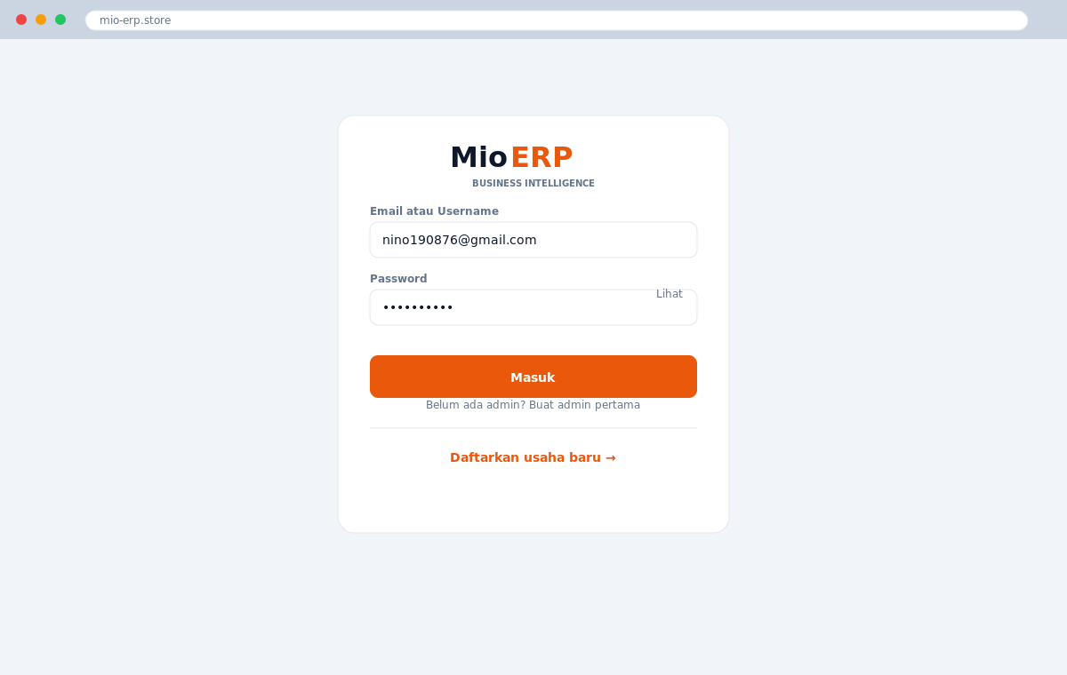 Halaman login Mio ERP dengan kolom Email atau Username, Password, dan tombol Masuk berwarna oranye