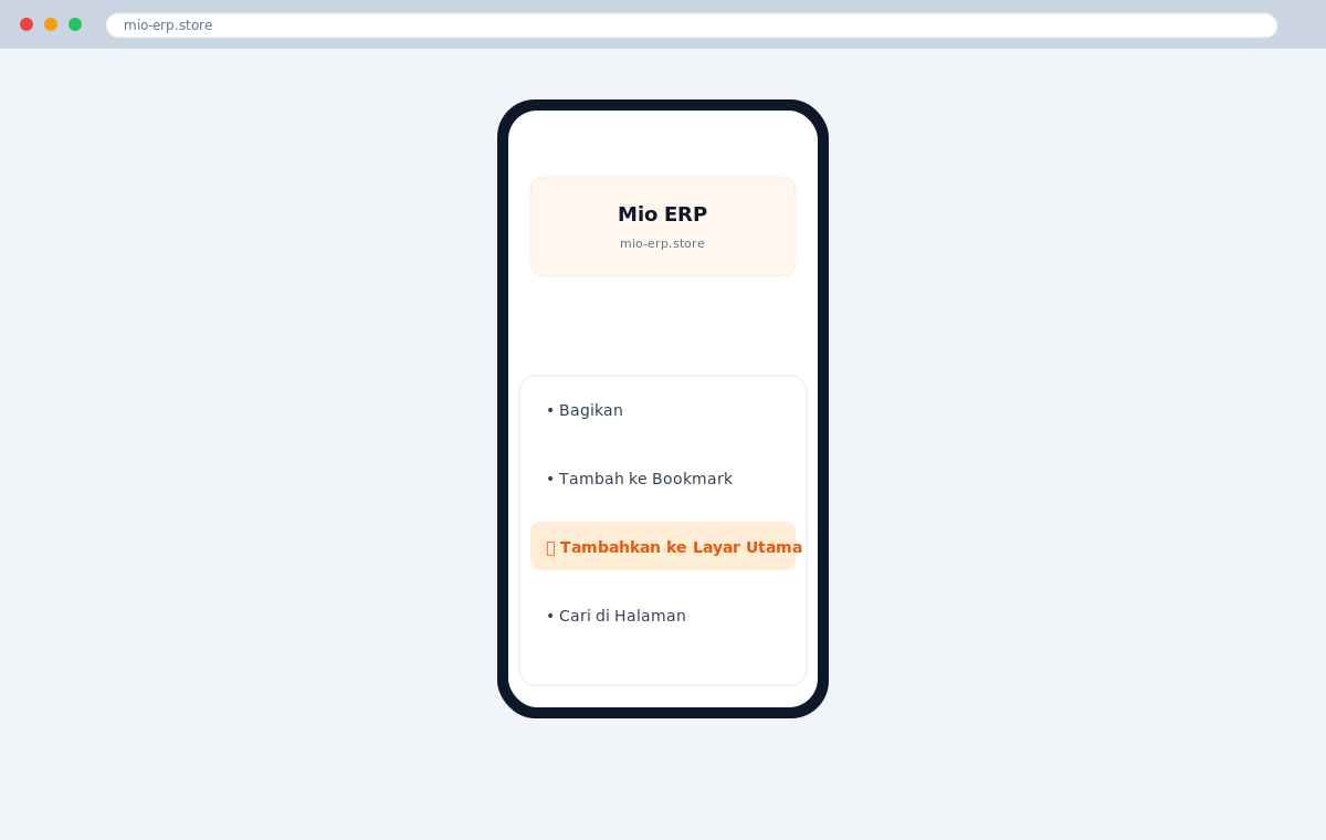 Menu browser di HP menampilkan opsi Tambahkan ke Layar Utama untuk memasang Mio ERP sebagai aplikasi