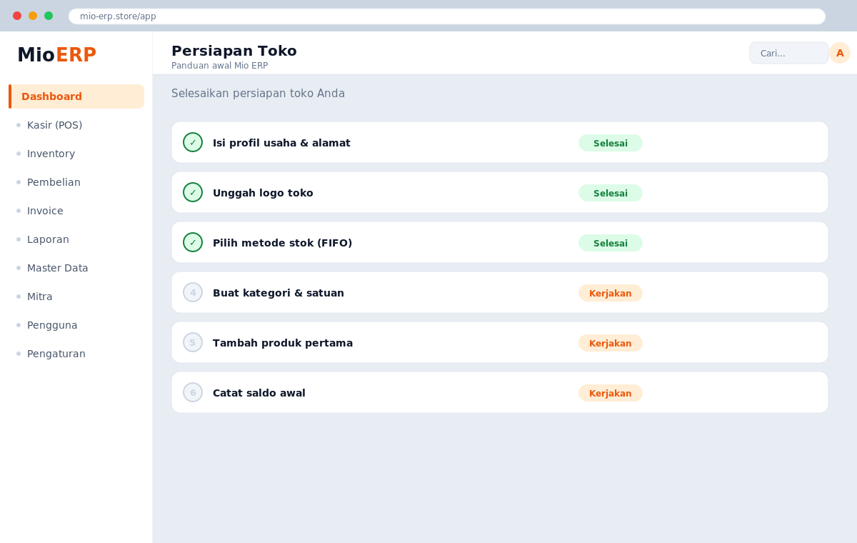 Halaman setup awal Mio ERP menampilkan checklist langkah persiapan toko