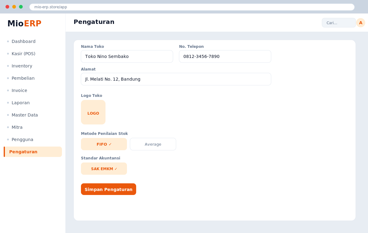 Halaman Pengaturan Mio ERP: kolom profil toko, unggah logo, pilihan metode stok FIFO, dan standar akuntansi
