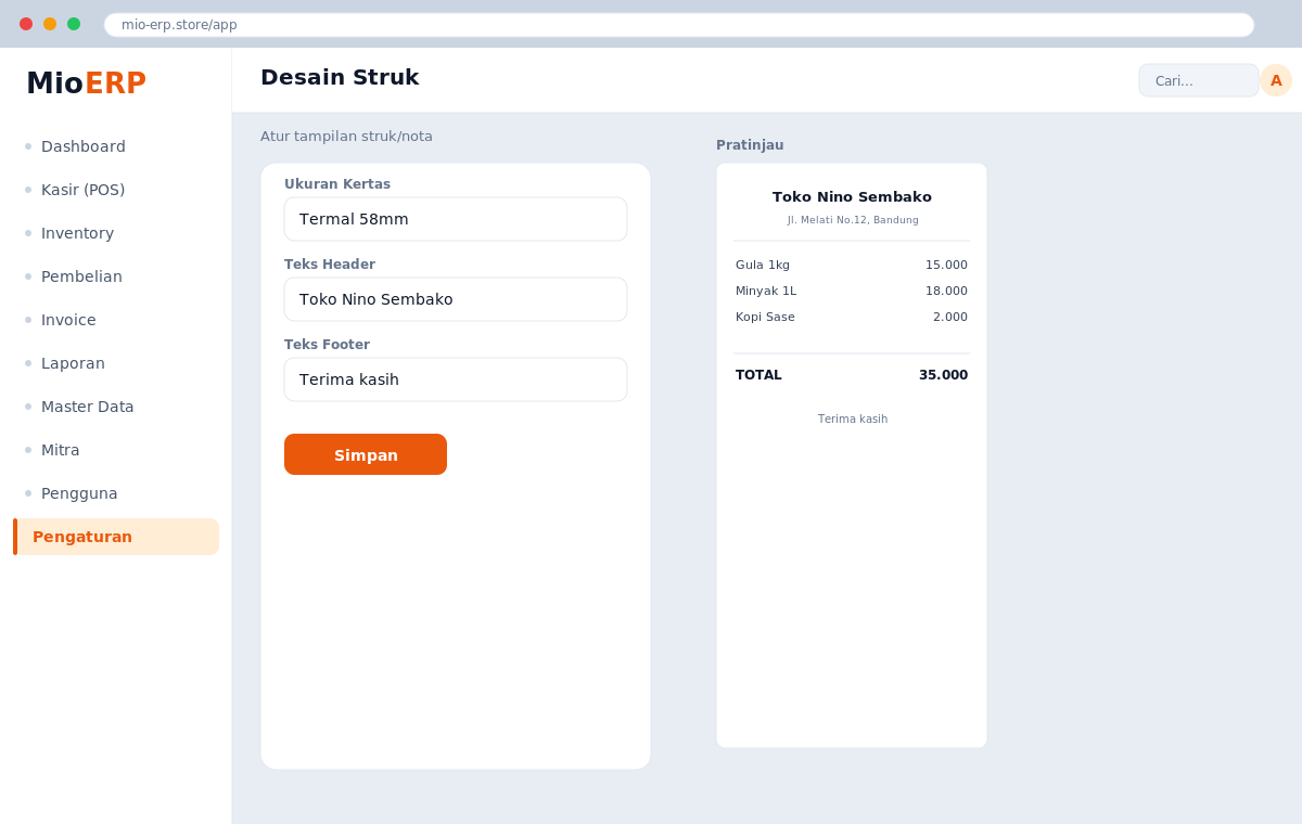 Wizard desain struk Mio ERP dengan pratinjau nota di sisi kanan