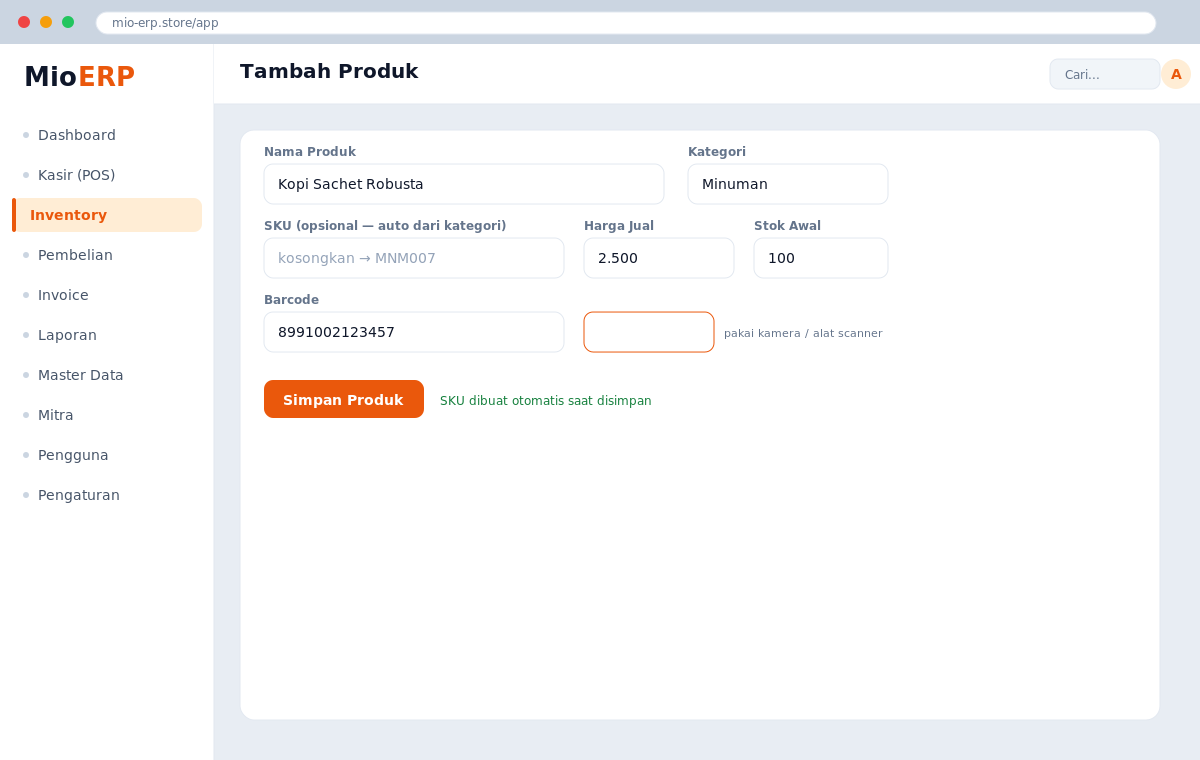 Form tambah produk Mio ERP: nama, kategori, harga, stok, dan catatan SKU opsional otomatis
