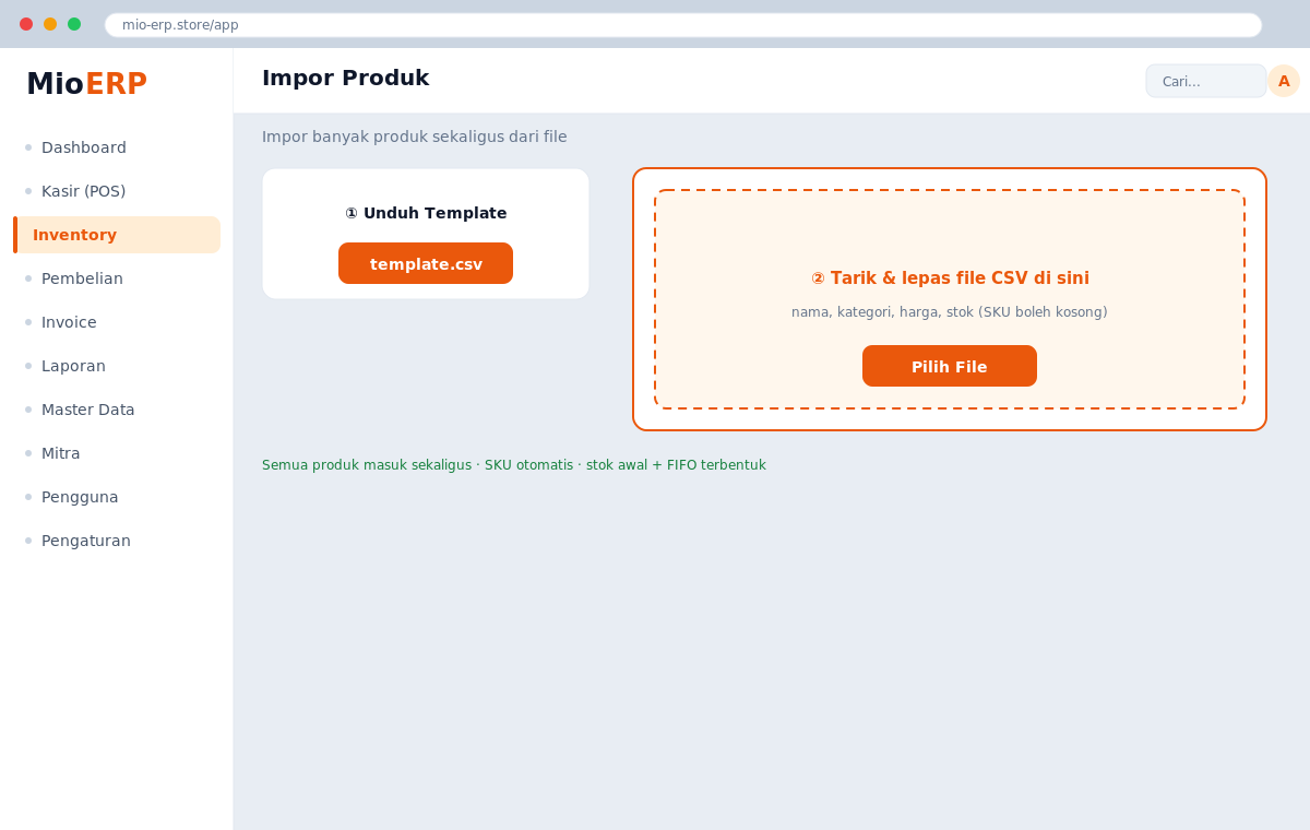 Layar impor produk dengan tombol unduh template dan area unggah file CSV