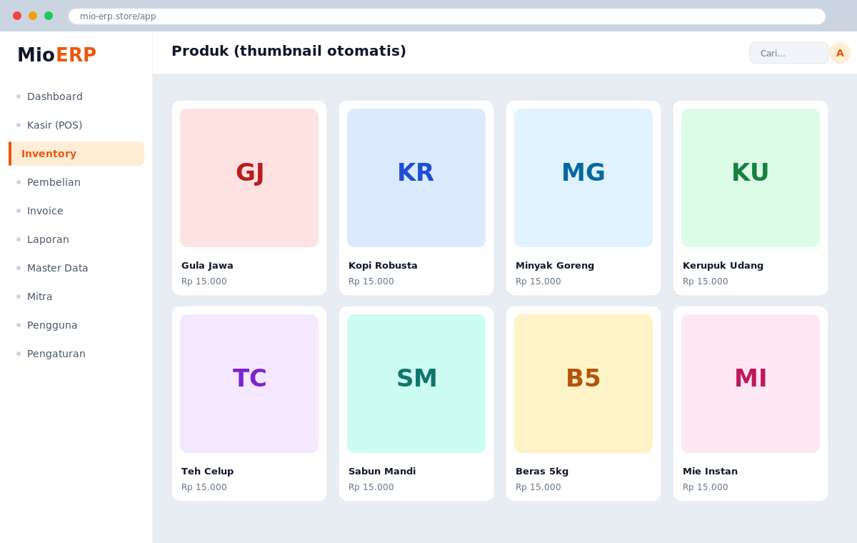 Daftar produk Mio ERP menampilkan thumbnail berwarna dengan inisial nama untuk produk tanpa foto