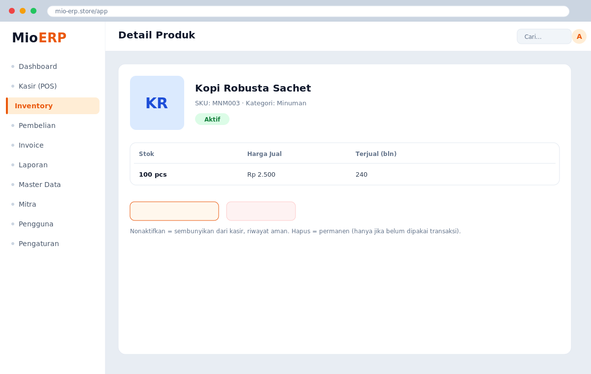 Panel detail produk dengan tombol Nonaktifkan dan Hapus