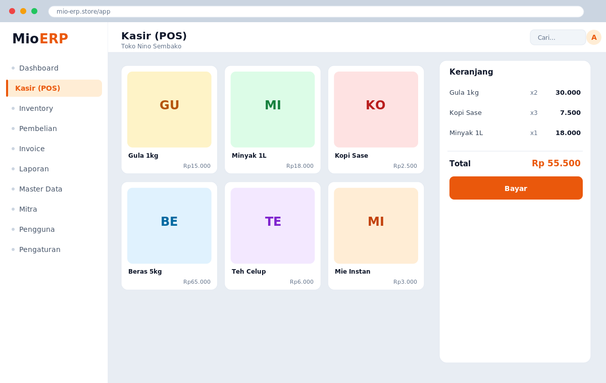 Halaman Kasir (POS) Mio ERP: grid produk dengan thumbnail di kiri dan keranjang belanja di kanan