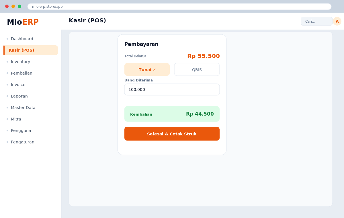 Layar pembayaran POS dengan pilihan Tunai dan QRIS serta perhitungan kembalian
