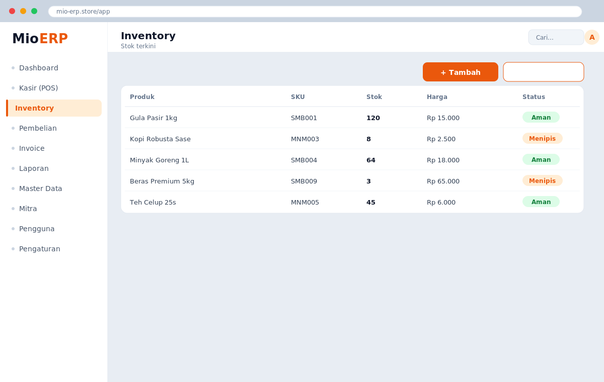 Halaman Inventory menampilkan stok terkini tiap produk dengan indikator stok menipis