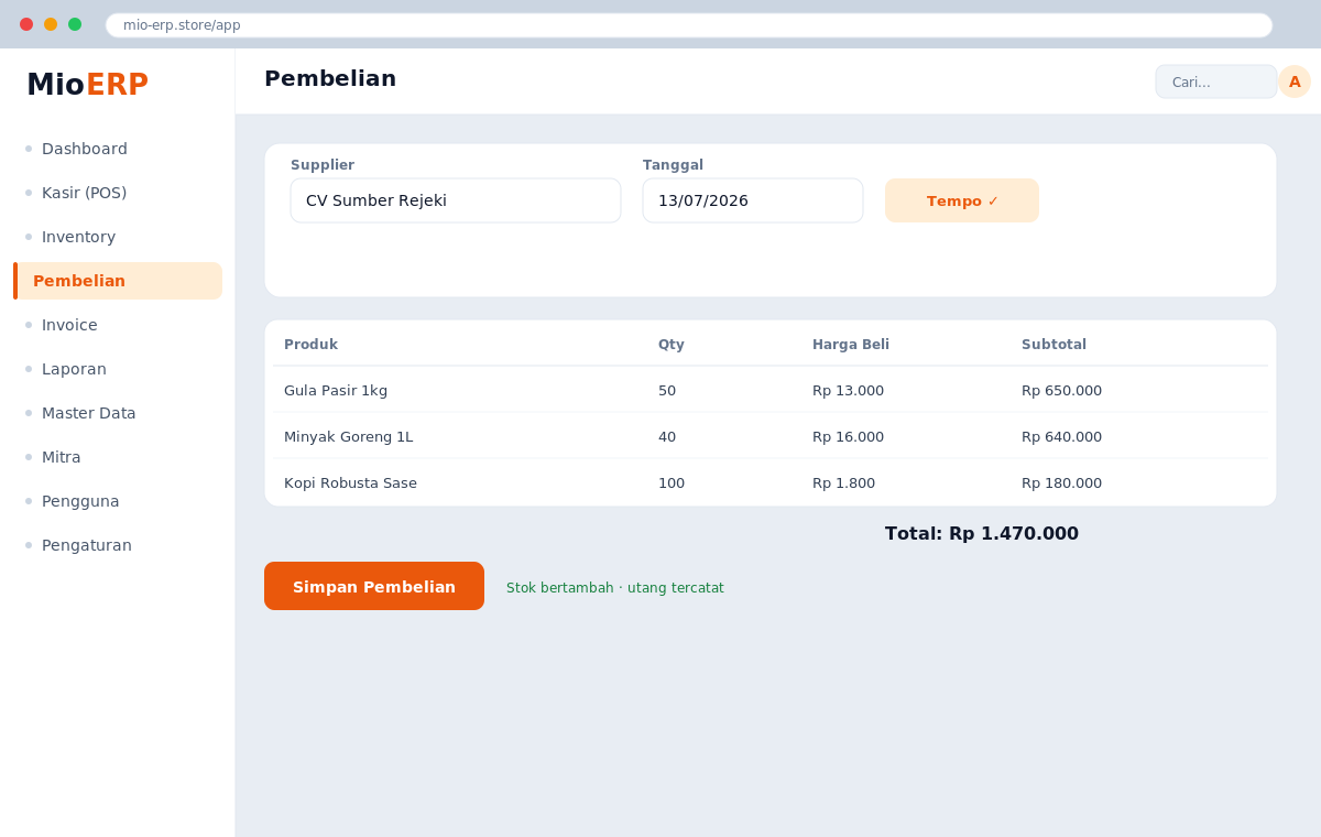 Halaman Pembelian Mio ERP: pilih supplier, tambah item, dan pilihan bayar tunai atau tempo