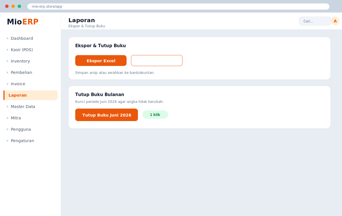 Tombol ekspor Excel dan menu tutup buku periode pada laporan Mio ERP