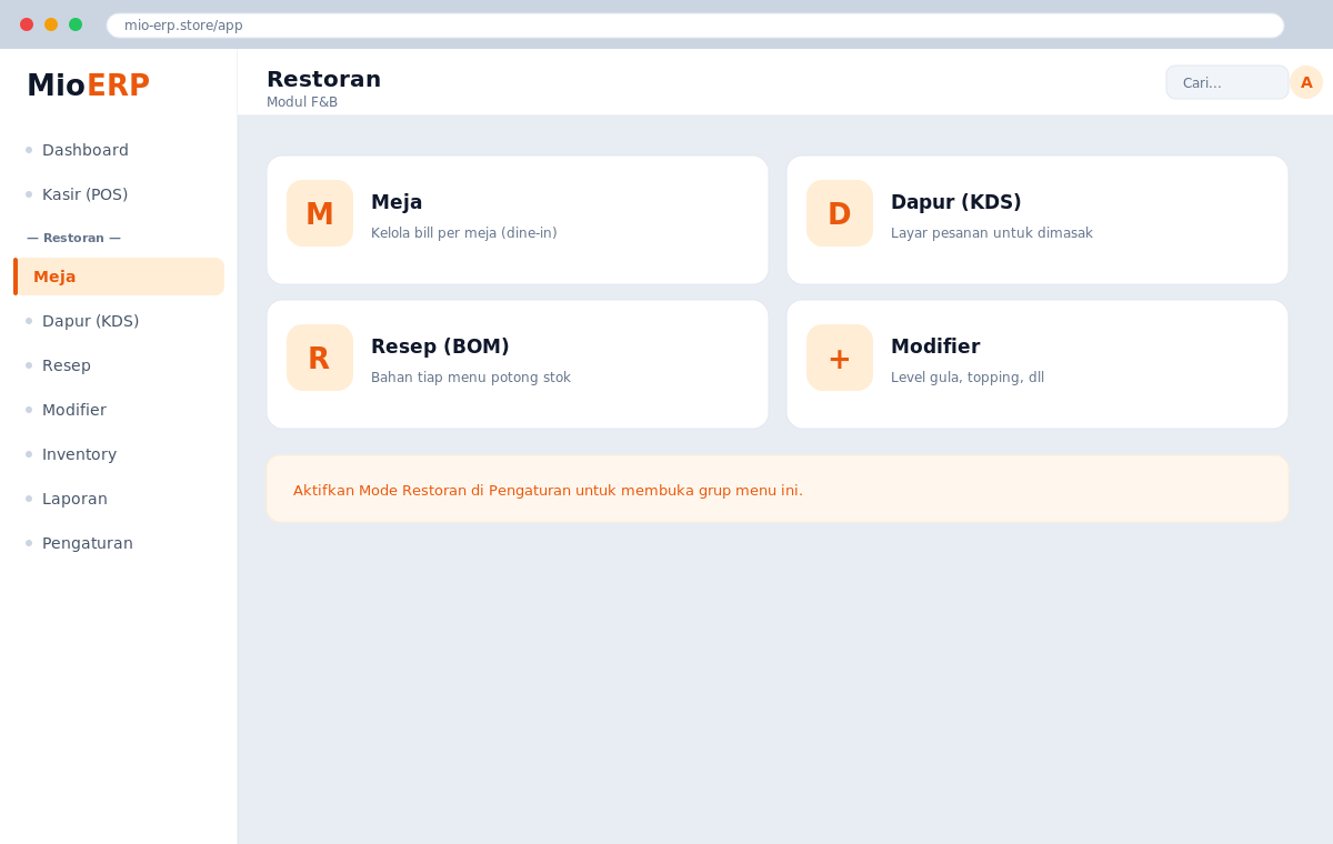 Grup menu Restoran Mio ERP: Meja, Dapur (KDS), Resep, dan Modifier