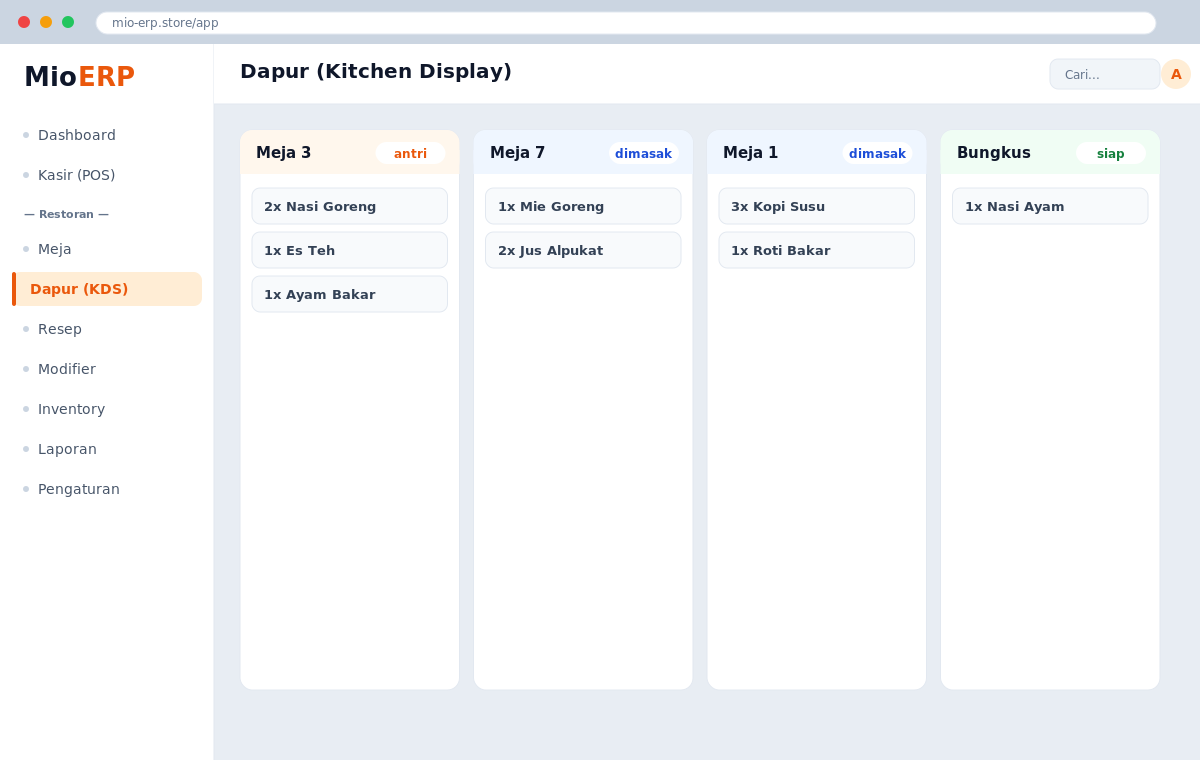 Layar Dapur (Kitchen Display) menampilkan daftar pesanan meja yang sedang diproses